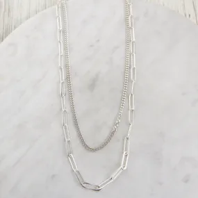 Sterling Silver Double Strand Curb & Paperclip Chain Necklace