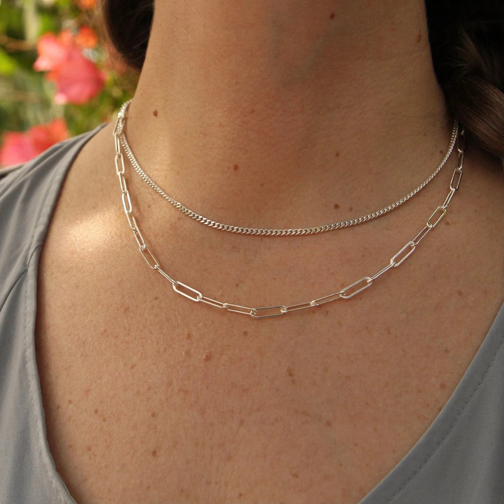 Sterling Silver Double Strand Curb & Paperclip Chain Necklace