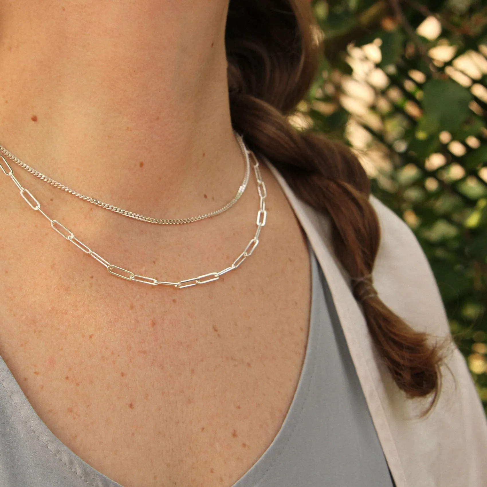 Sterling Silver Double Strand Curb & Paperclip Chain Necklace