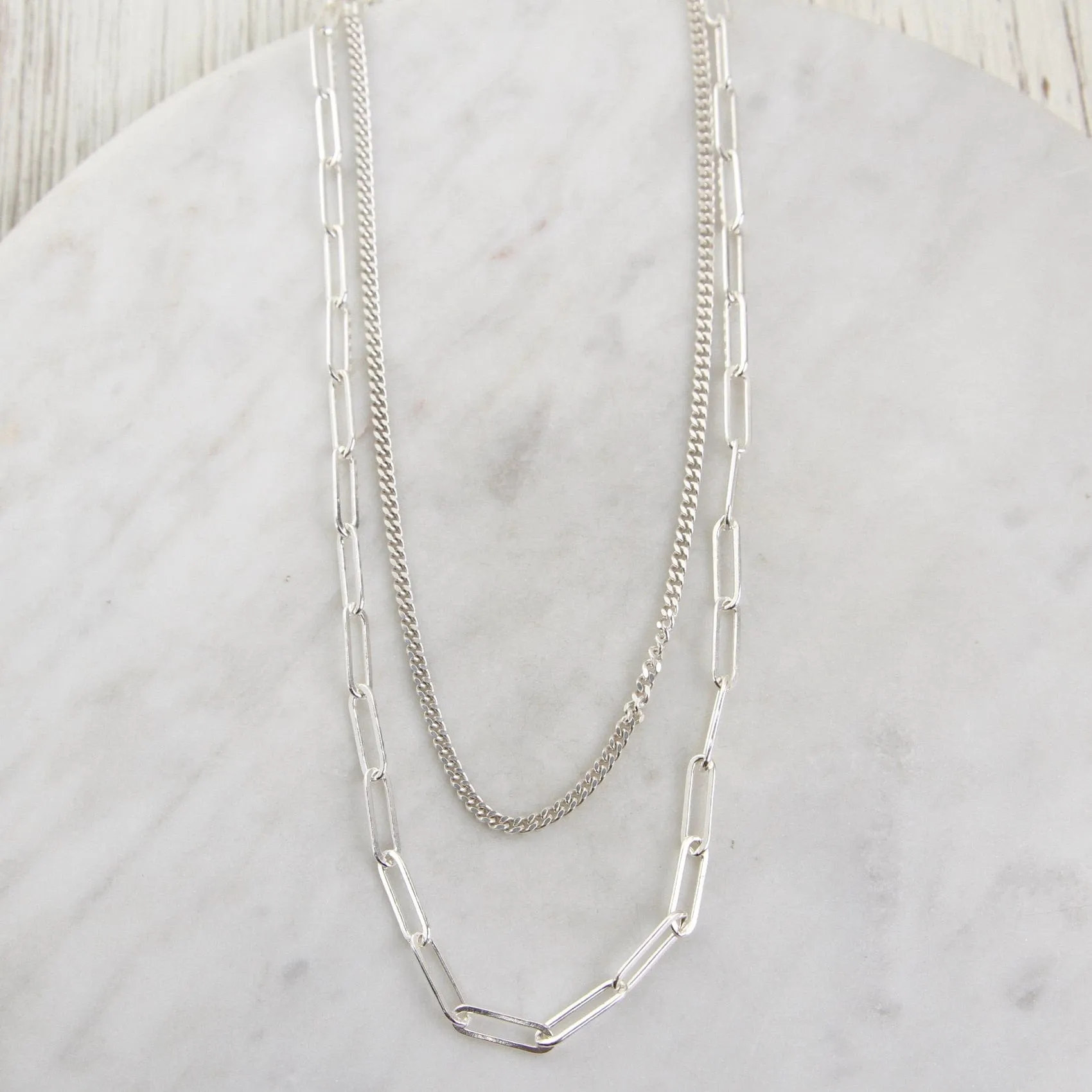 Sterling Silver Double Strand Curb & Paperclip Chain Necklace