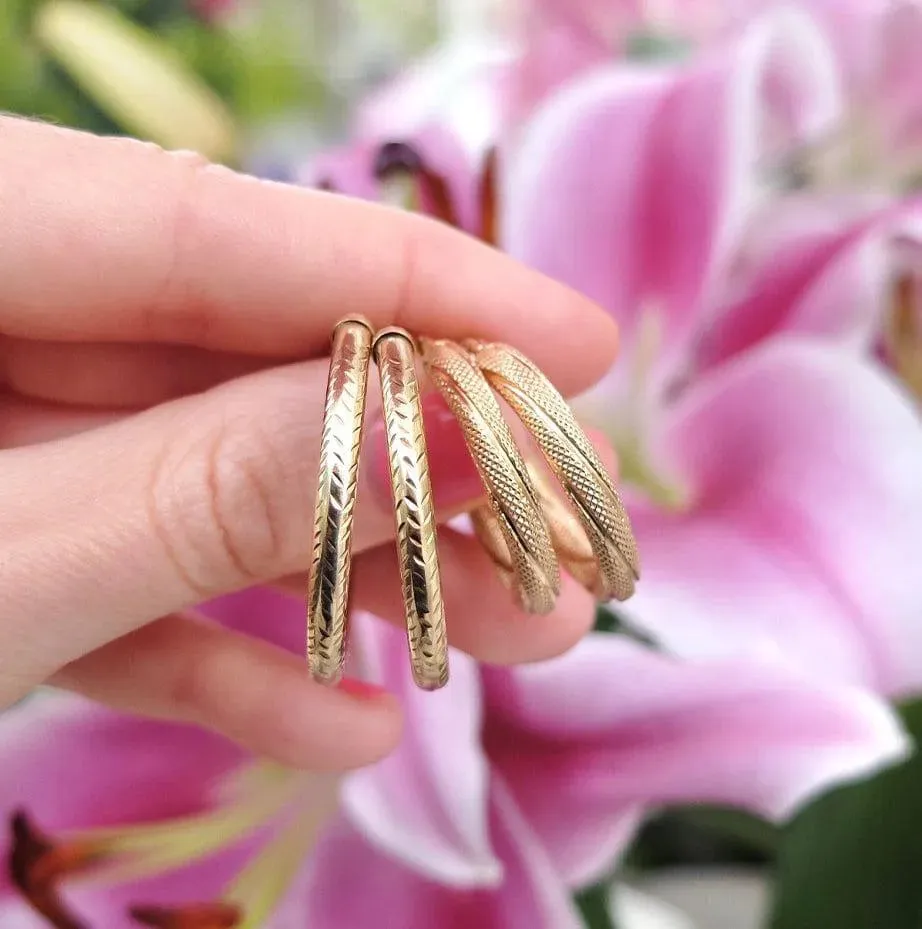 Vintage 1990s 9ct Large Textured Creole Hoop Earrings