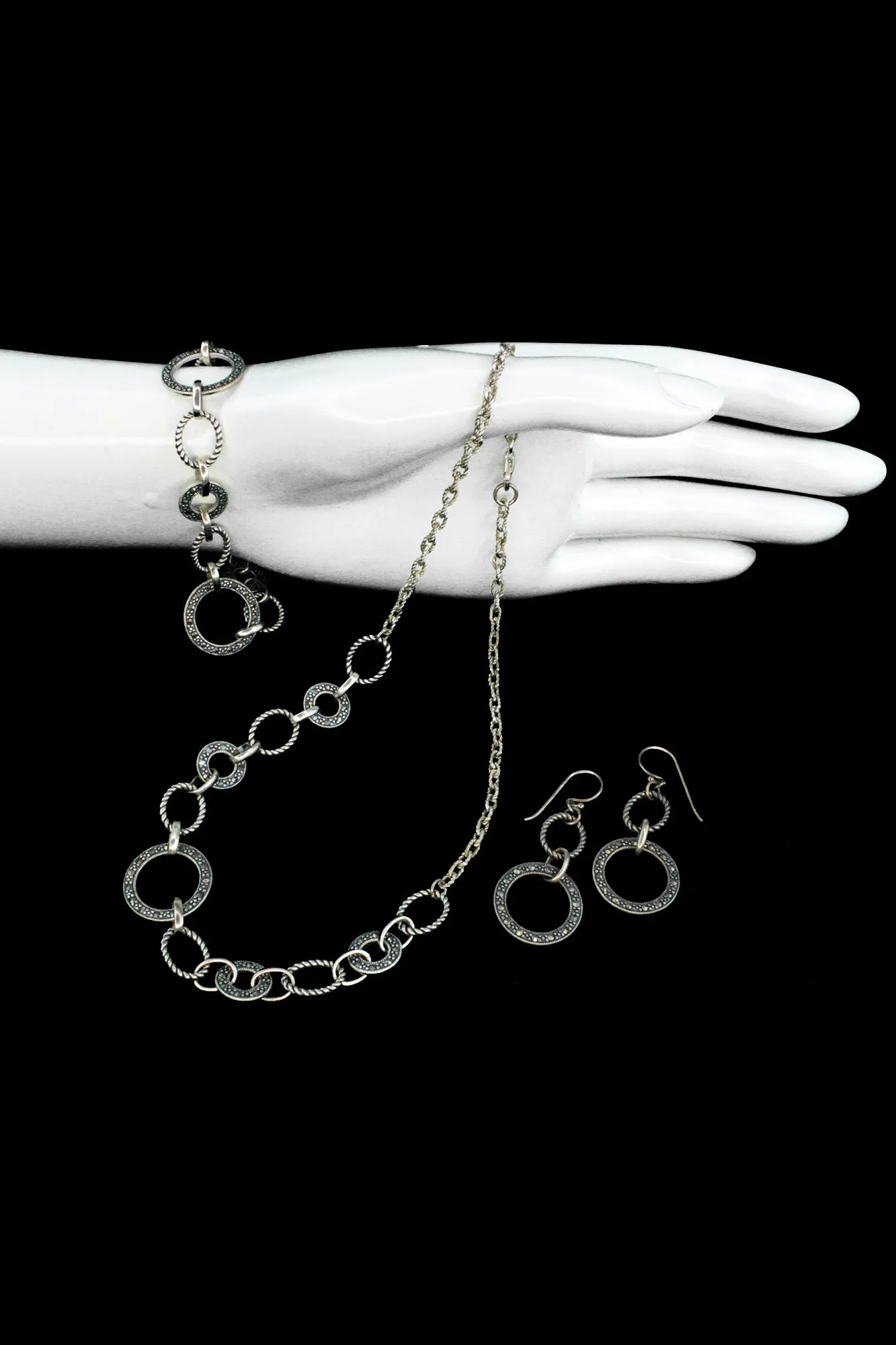 Vintage 925 Silver Hematite Necklace, Bracelet, & Earrings Set