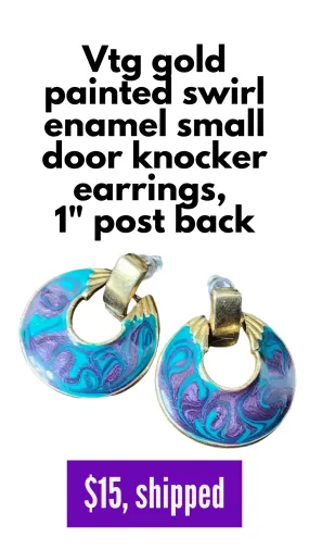 Vintage gold blue painted swirl post back earrings