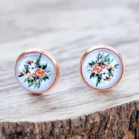 Vintage Rose Gold Floral Stud Earrings – 12mm Handmade Resin Earrings, Cottagecore Jewelry, Boho Retro Earrings for Women