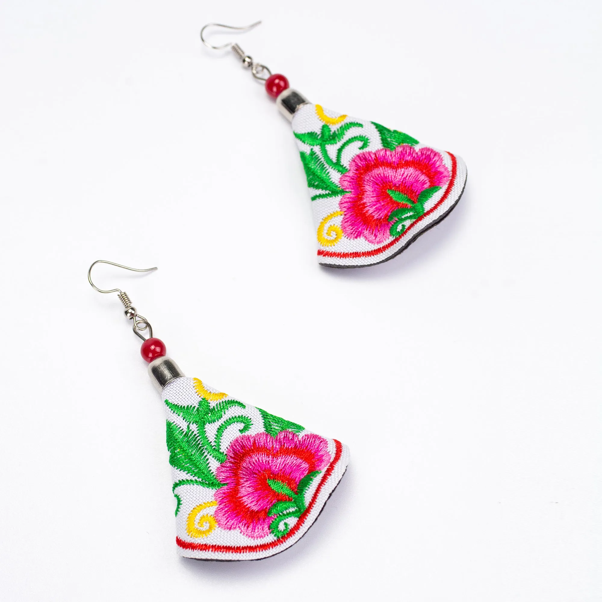 White Pink Hill Tribe Embroidery Earrings