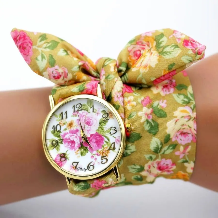 Women Floral Fabric Design Wrist Watches