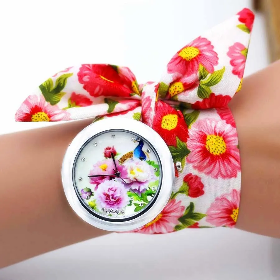Women Floral Fabric Design Wrist Watches
