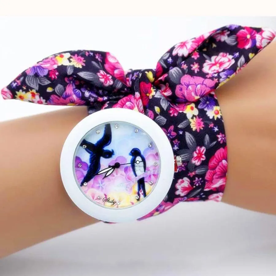 Women Floral Fabric Design Wrist Watches