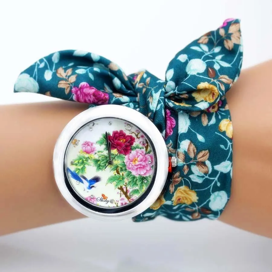Women Floral Fabric Design Wrist Watches