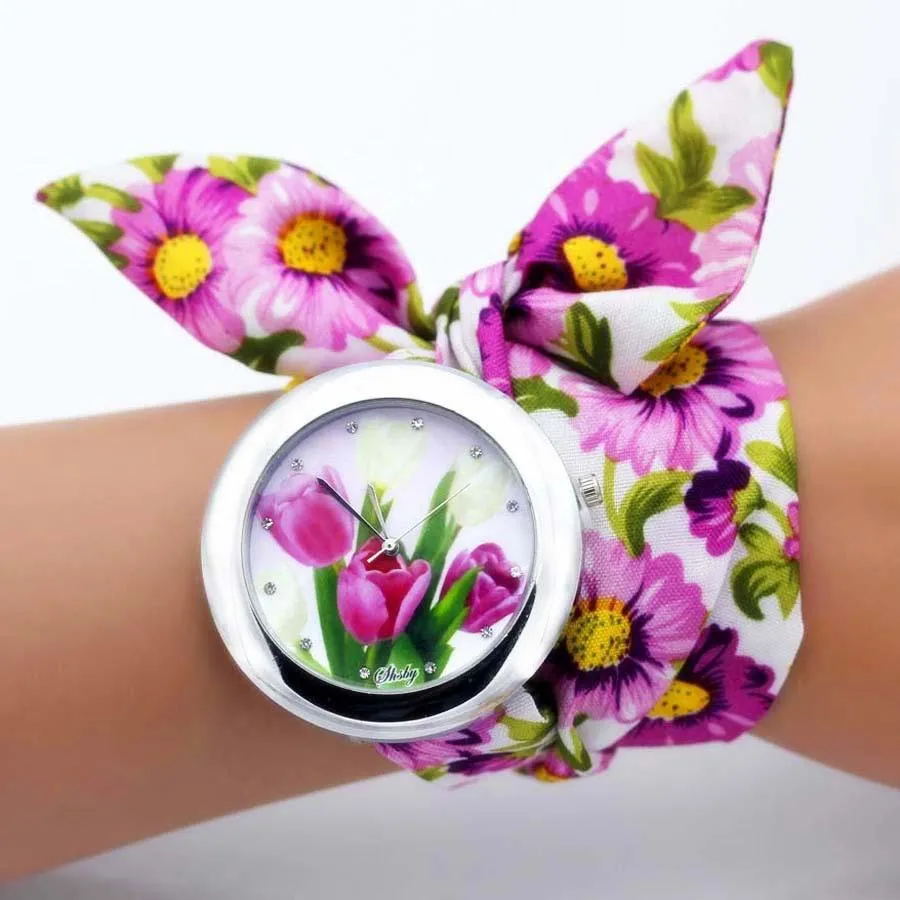 Women Floral Fabric Design Wrist Watches