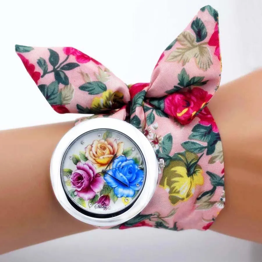Women Floral Fabric Design Wrist Watches