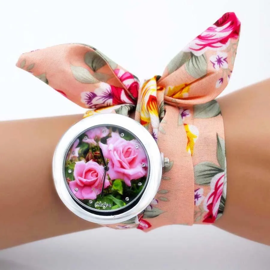 Women Floral Fabric Design Wrist Watches
