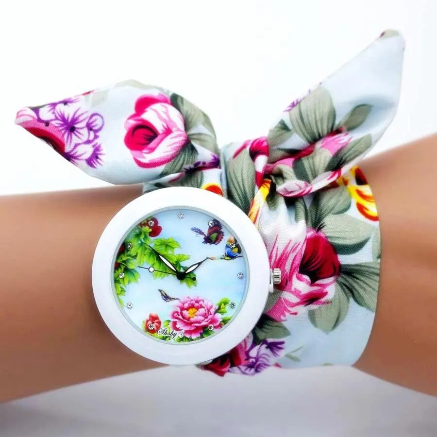 Women Floral Fabric Design Wrist Watches